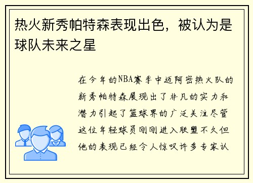 热火新秀帕特森表现出色，被认为是球队未来之星