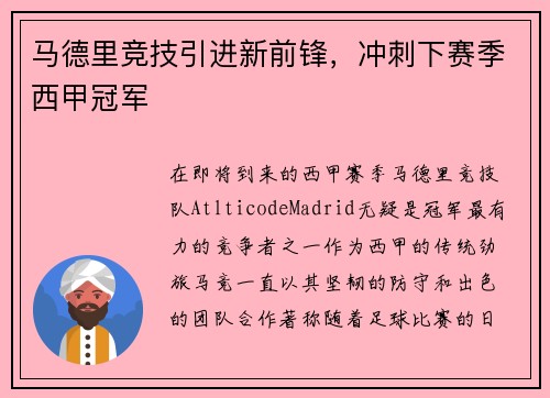 马德里竞技引进新前锋，冲刺下赛季西甲冠军